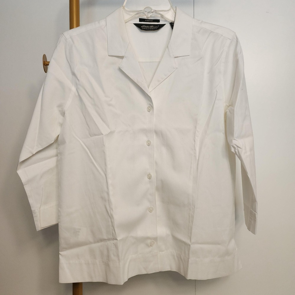 M Basic Business Button Up by Eddie Bauer White Stretch 3/4 Sleeves, Size Medium